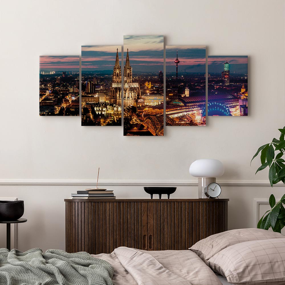 Artgeist Wandbild 5 tlg Groß Wohnzimmer Leinwand Bilder Vlies Skyline Köln Nacht